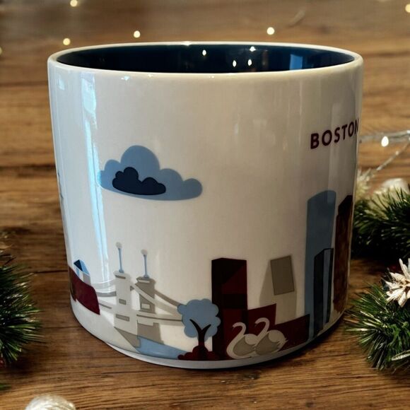 Starbucks BOSTON You Are Here 14 oz Coffee Mug Cup Navy Blue Harbor Skyline EUC - Picture 2 of 5
